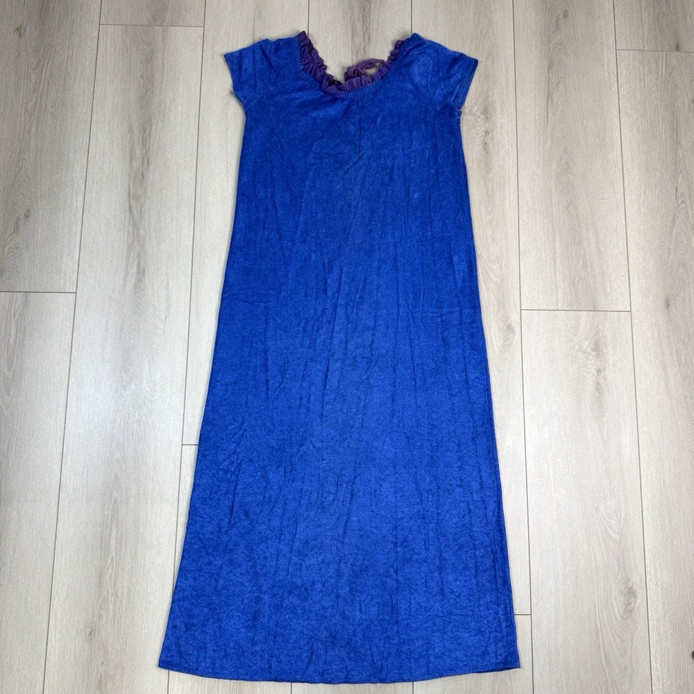 VTG Sears House Dress Women's L Blue Purple Tie Neck Made USA 80s Robe Nightgown - Picture 6 of 9